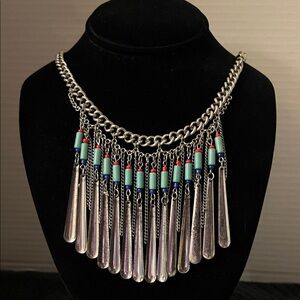 Vintage Silver Blue Statement Necklace Fully Adjustable Drop Length to 10”